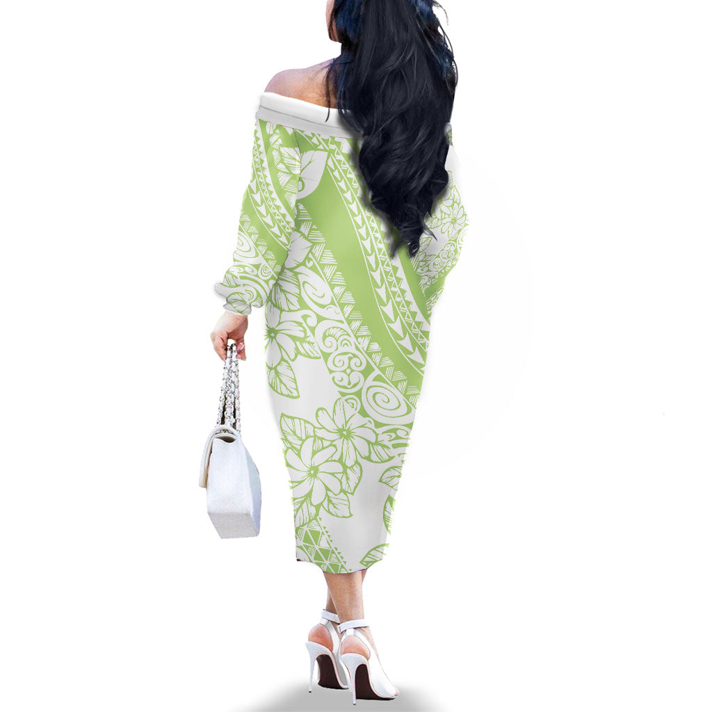 Polynesian Tiare Flower Sage Green Pastel Family Matching Off The Shoulder Long Sleeve Dress and Hawaiian Shirt LT14 - Polynesian Pride