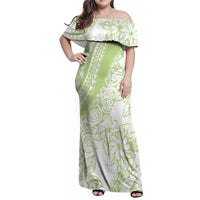 Polynesian Tiare Flower Sage Green Pastel Family Matching Off Shoulder Maxi Dress and Hawaiian Shirt