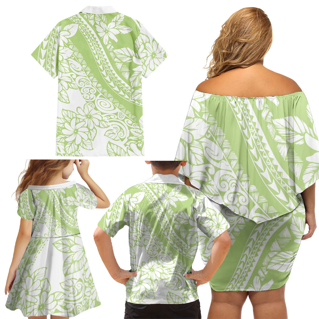Polynesian Tiare Flower Sage Green Pastel Family Matching Off Shoulder Short Dress and Hawaiian Shirt