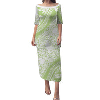 Polynesian Tiare Flower Sage Green Pastel Family Matching Puletasi and Hawaiian Shirt