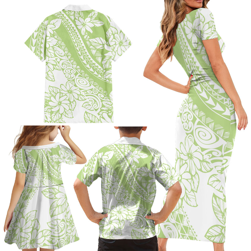Polynesian Tiare Flower Sage Green Pastel Family Matching Short Sleeve Bodycon Dress and Hawaiian Shirt LT14 - Polynesian Pride