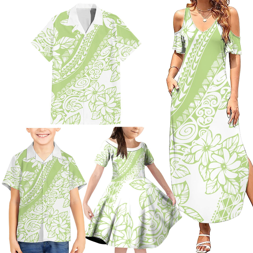 Polynesian Tiare Flower Sage Green Pastel Family Matching Summer Maxi Dress and Hawaiian Shirt