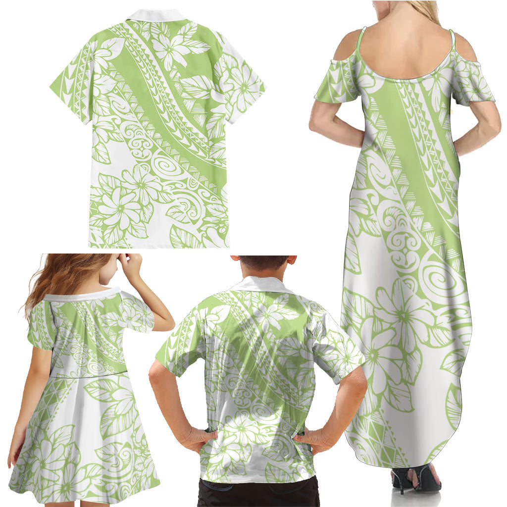 Polynesian Tiare Flower Sage Green Pastel Family Matching Summer Maxi Dress and Hawaiian Shirt