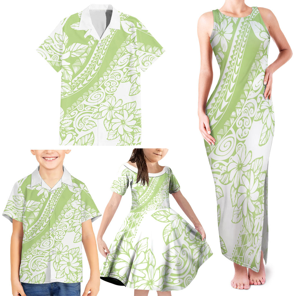 Polynesian Tiare Flower Sage Green Pastel Family Matching Tank Maxi Dress and Hawaiian Shirt