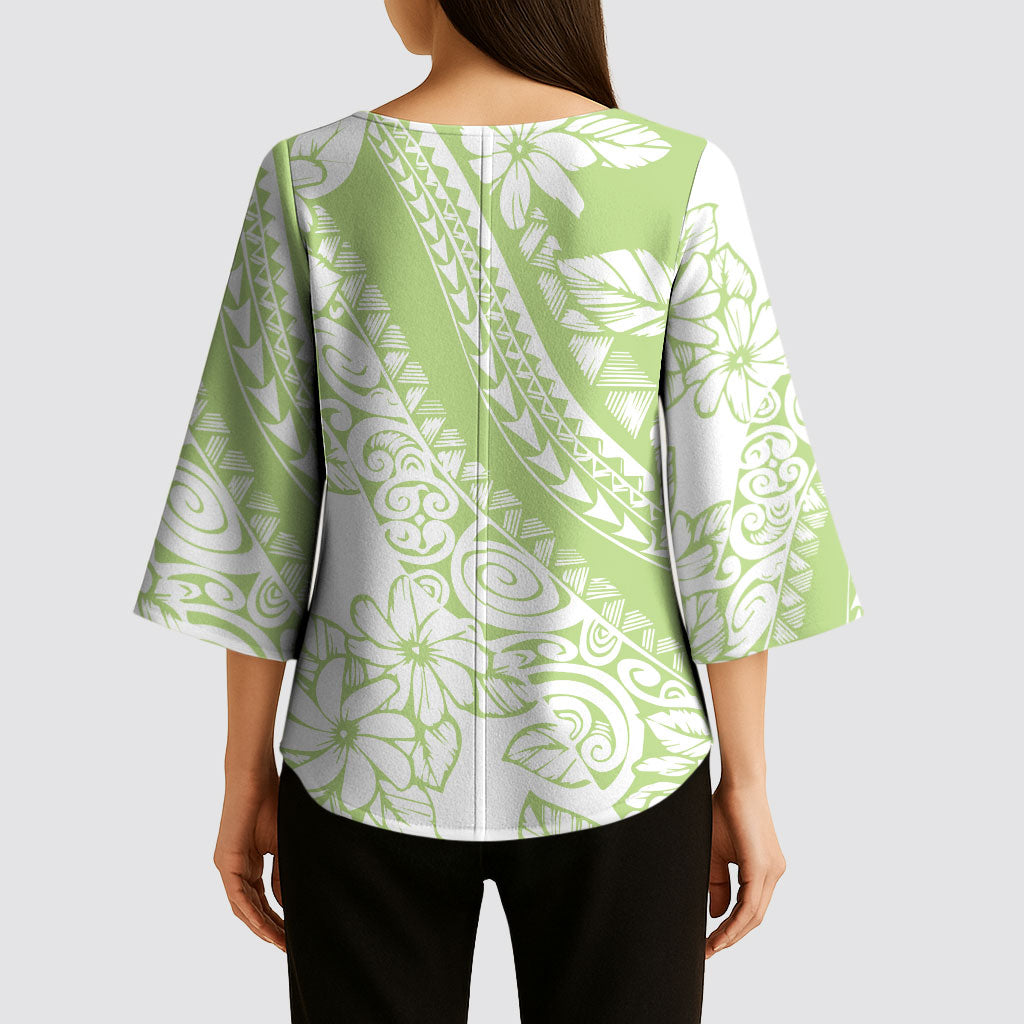 Polynesian Tiare Flower Sage Green Pastel Kimono Sleeve Blouse