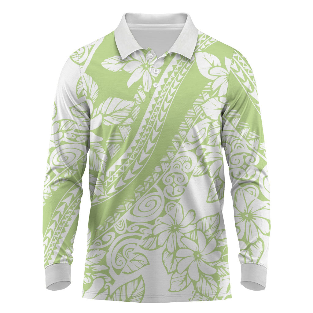 Polynesian Tiare Flower Sage Green Pastel Long Sleeve Polo Shirt