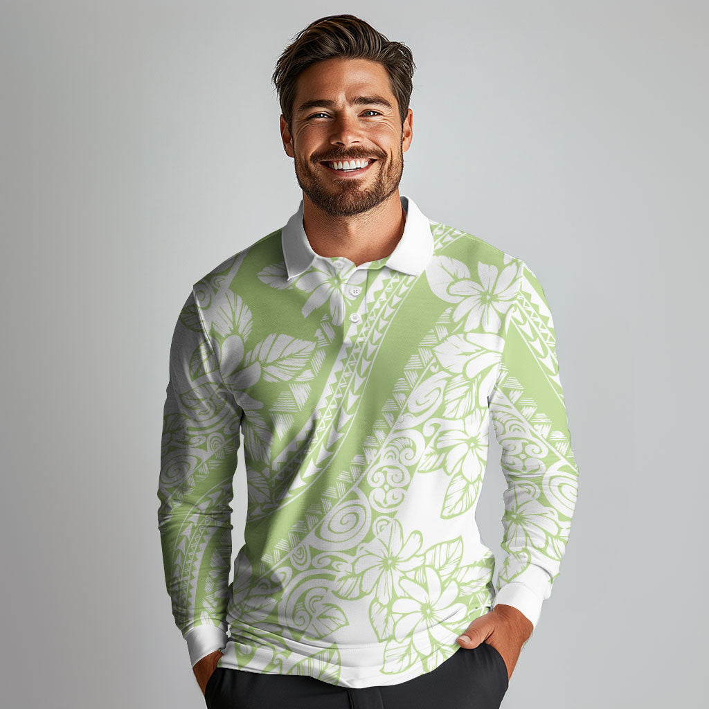 Polynesian Tiare Flower Sage Green Pastel Long Sleeve Polo Shirt