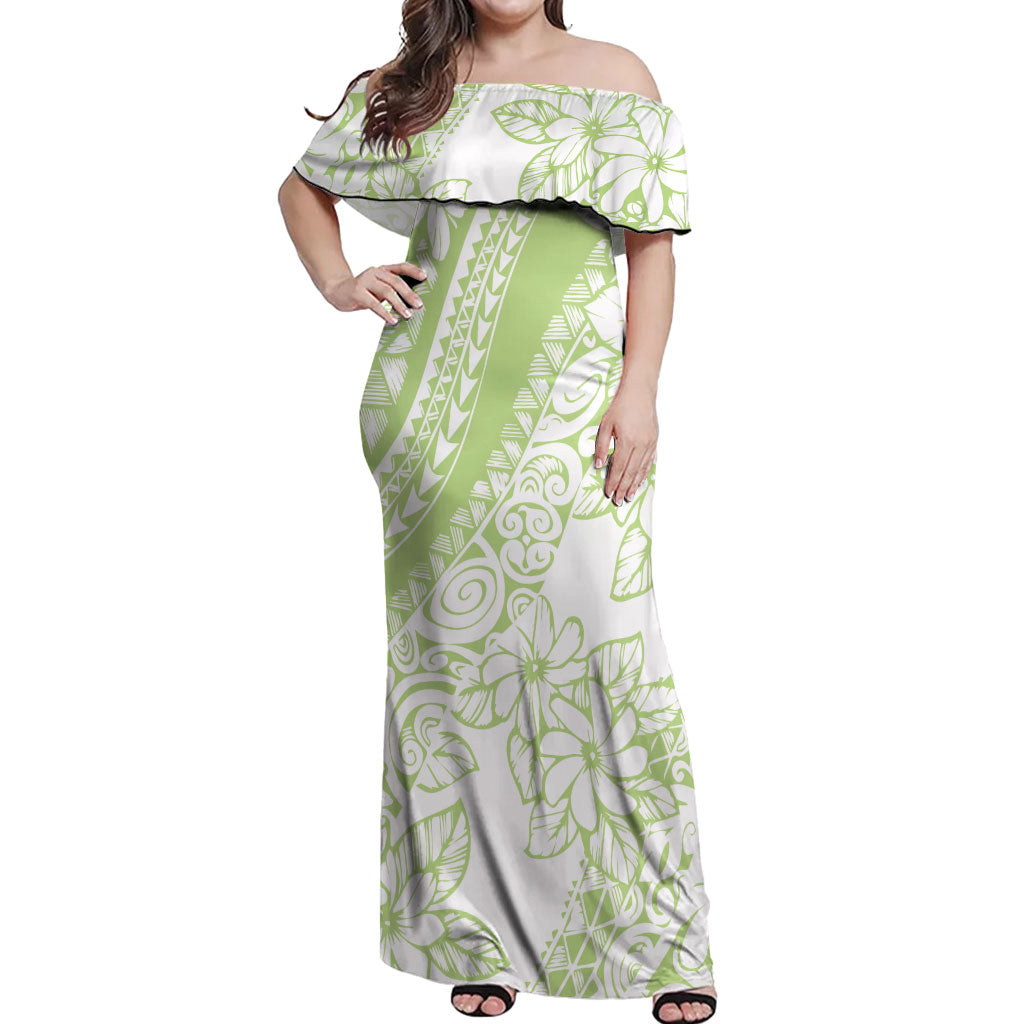 Polynesian Tiare Flower Sage Green Pastel Off Shoulder Maxi Dress