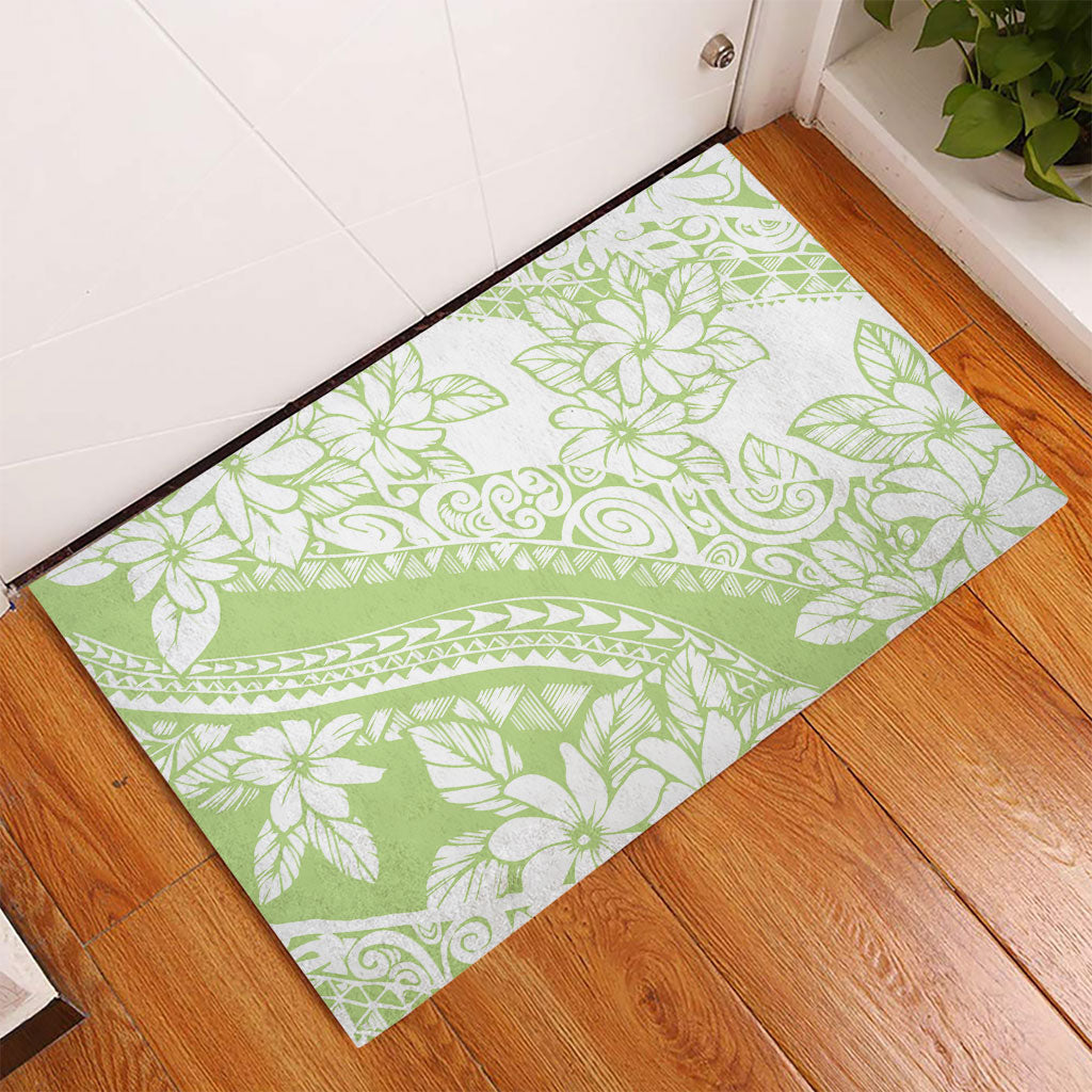 Polynesian Tiare Flower Sage Green Pastel Rubber Doormat
