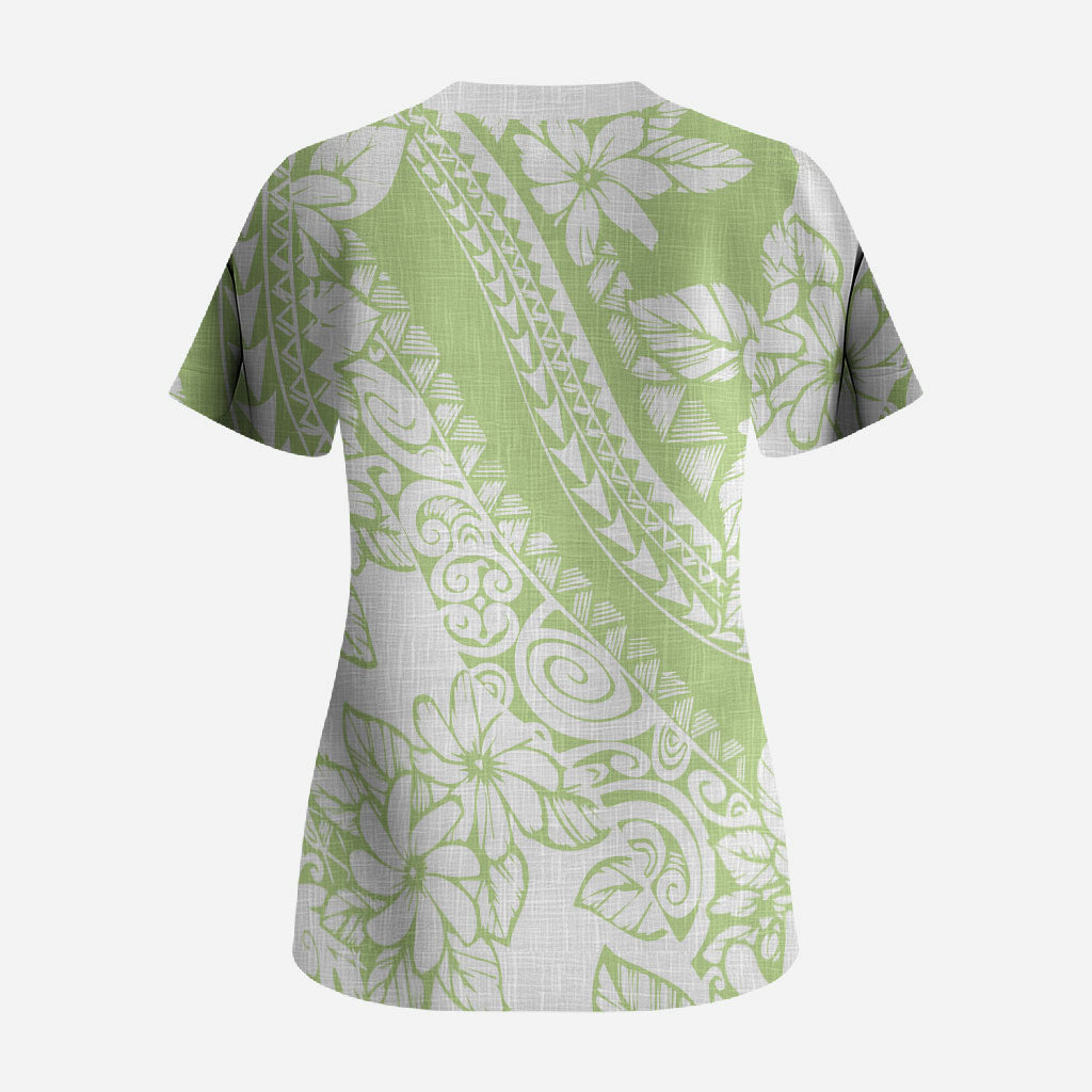 Polynesian Tiare Flower Sage Green Pastel Scrub Top