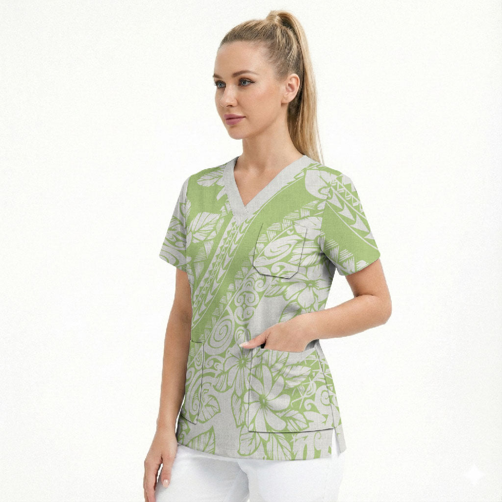 Polynesian Tiare Flower Sage Green Pastel Scrub Top
