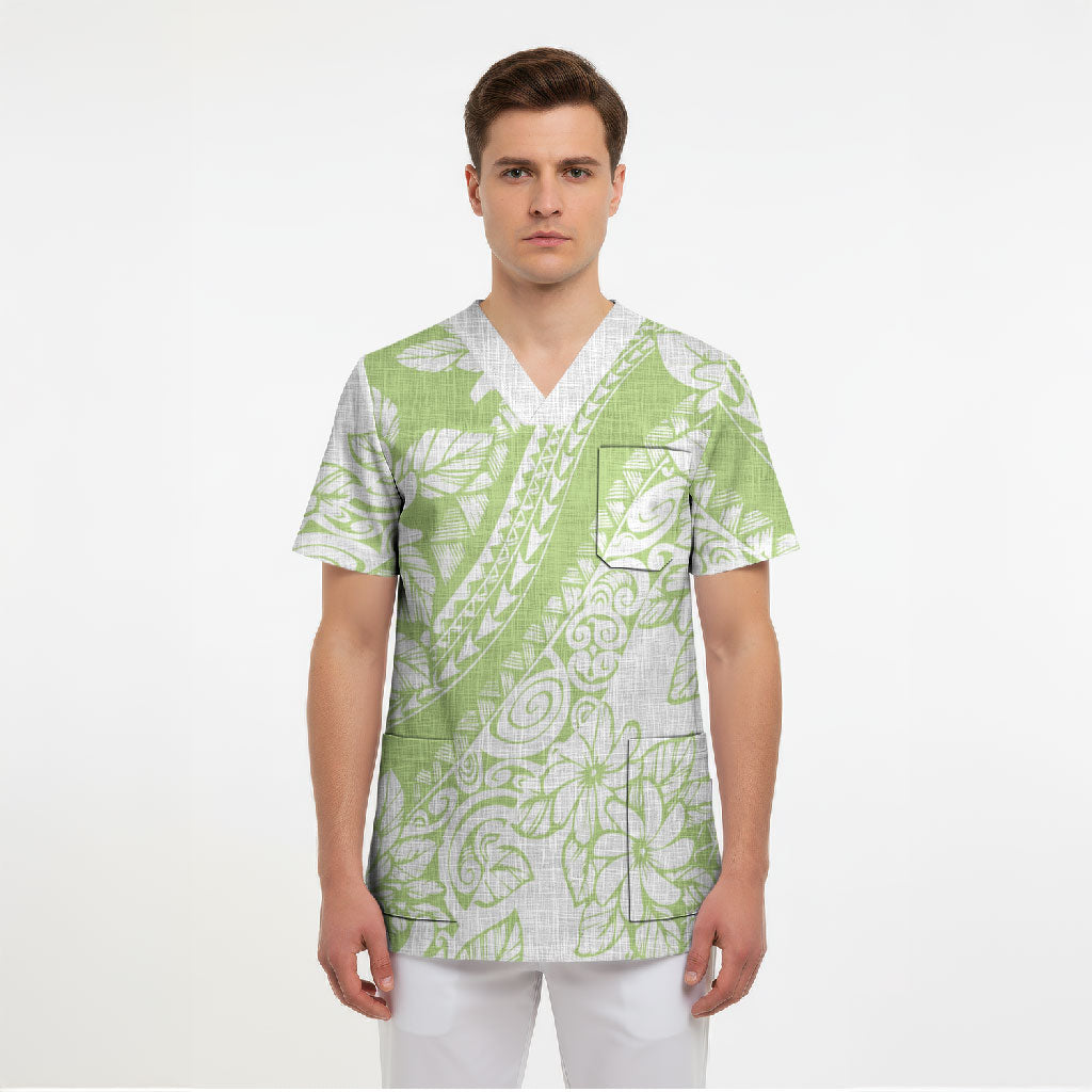 Polynesian Tiare Flower Sage Green Pastel Scrub Top