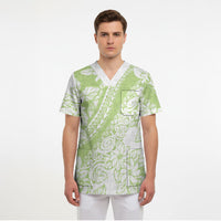 Polynesian Tiare Flower Sage Green Pastel Scrub Top
