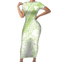 Polynesian Tiare Flower Sage Green Pastel Short Sleeve Bodycon Dress