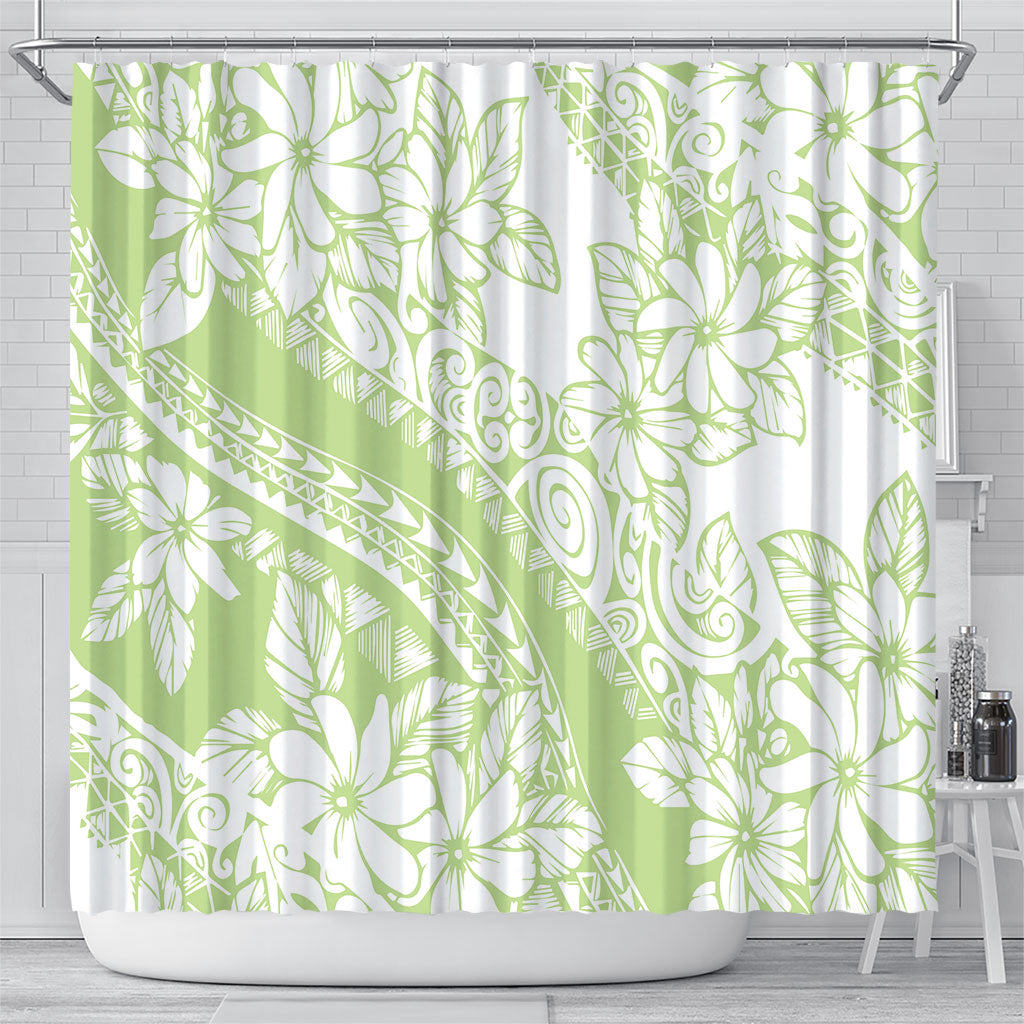 Polynesian Tiare Flower Sage Green Pastel Shower Curtain