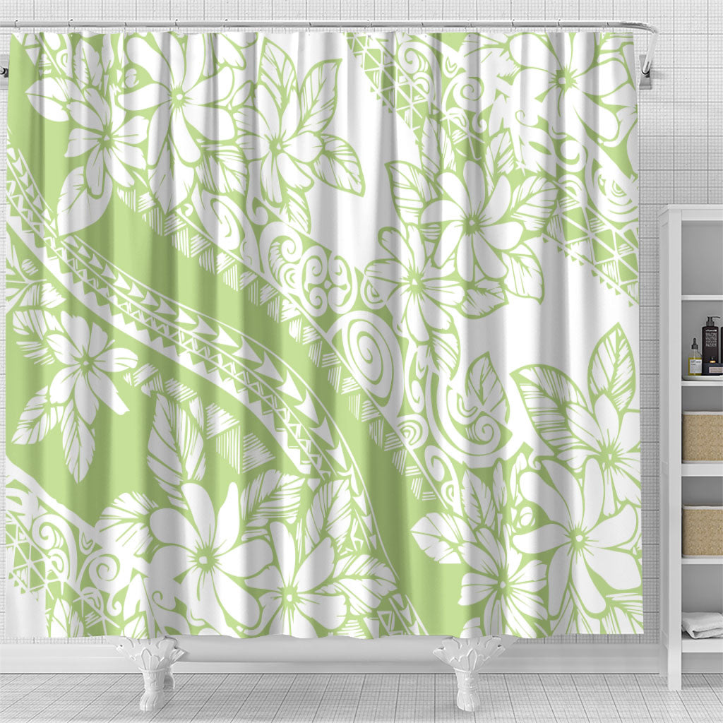 Polynesian Tiare Flower Sage Green Pastel Shower Curtain