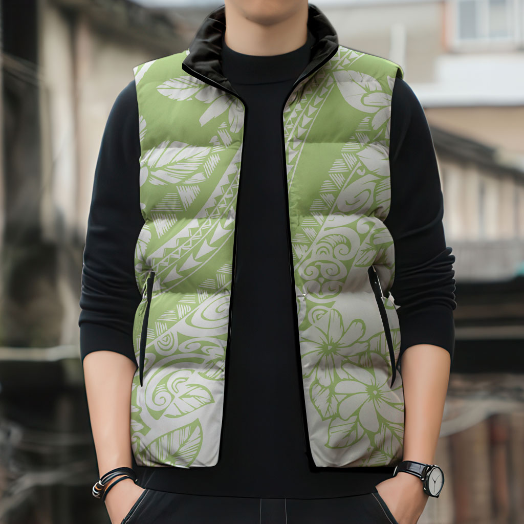Polynesian Tiare Flower Sage Green Pastel Sleeveless Puffer Jacket