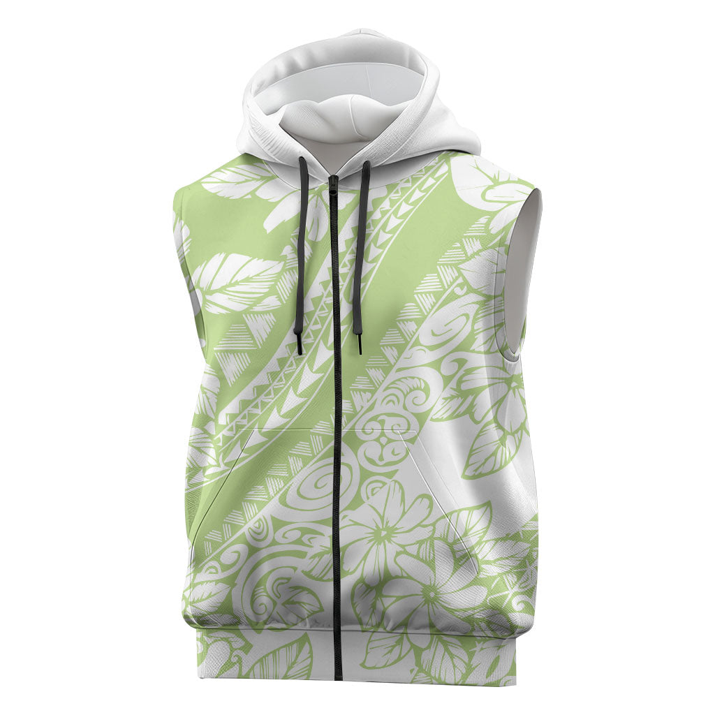 Polynesian Tiare Flower Sage Green Pastel Sleeveless Zip Hoodie