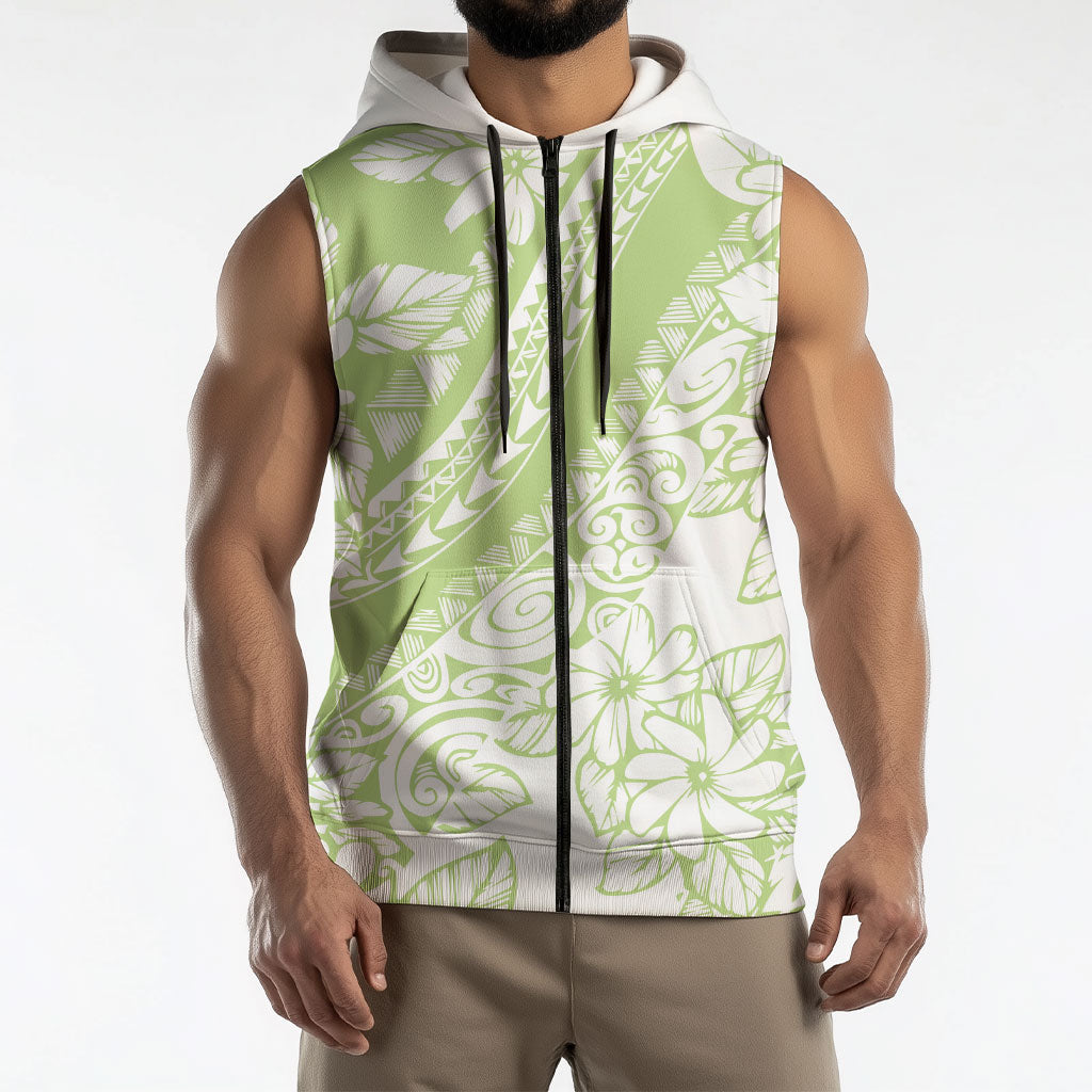 Polynesian Tiare Flower Sage Green Pastel Sleeveless Zip Hoodie
