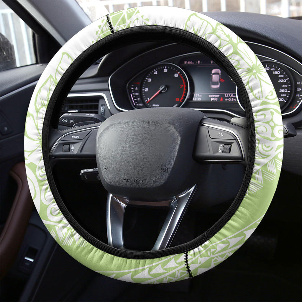 Polynesian Tiare Flower Sage Green Pastel Steering Wheel Cover
