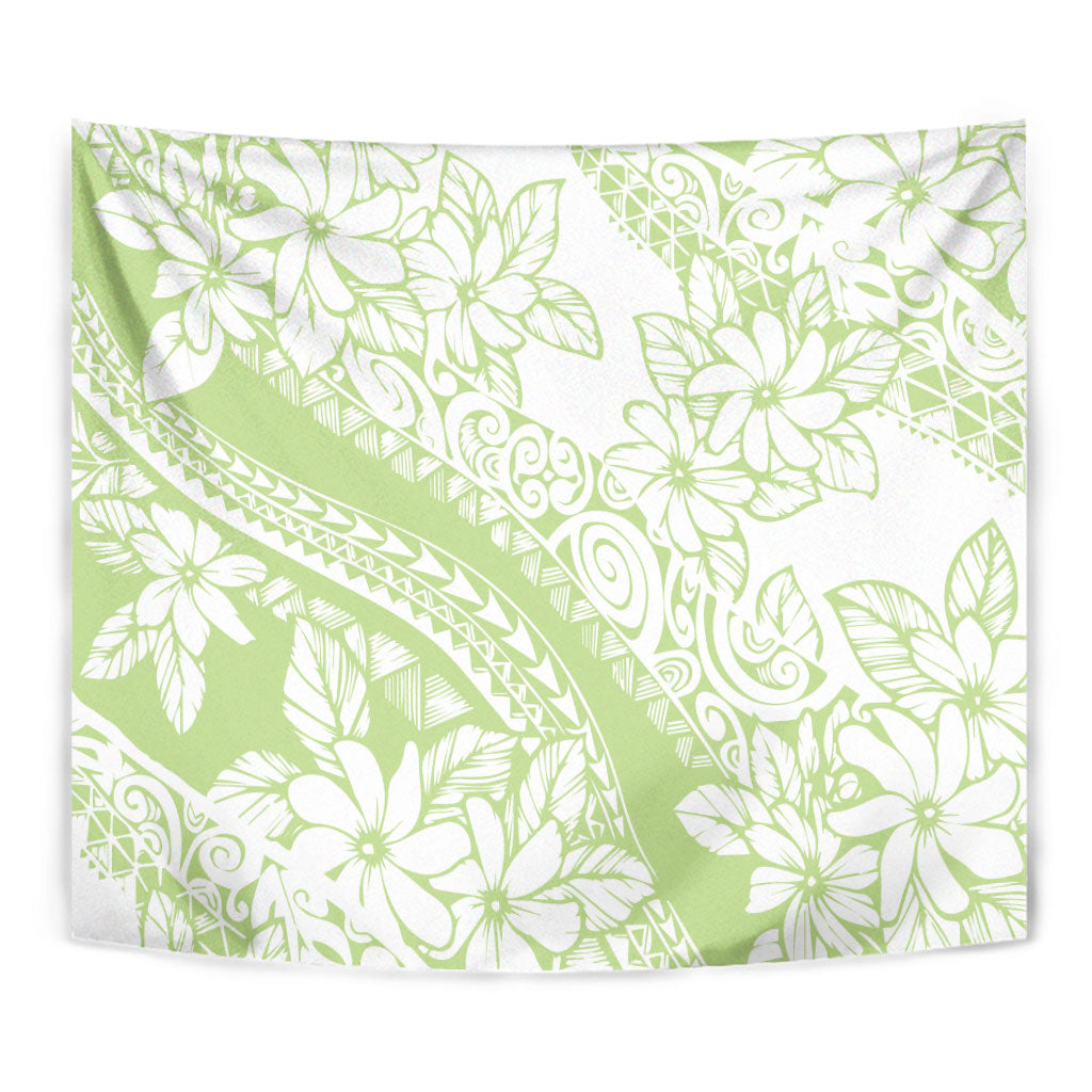 Polynesian Tiare Flower Sage Green Pastel Tapestry