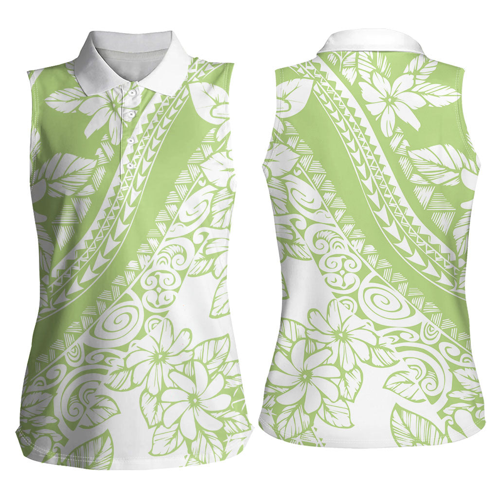 Polynesian Tiare Flower Sage Green Pastel Women Sleeveless Polo Shirt