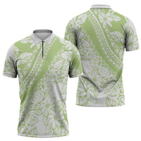 Polynesian Tiare Flower Sage Green Pastel Zipper Polo Shirt