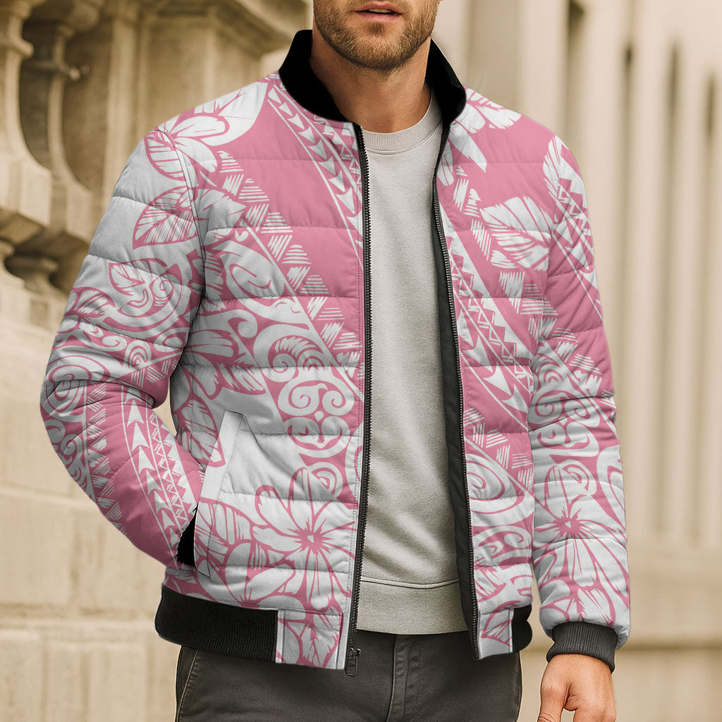 Polynesian Tiare Flower Pink Pastel Vibes Bomber Puffer Jacket