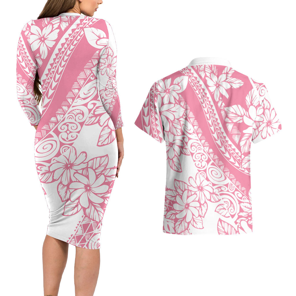 Polynesian Tiare Flower Pink Pastel Vibes Couples Matching Long Sleeve Bodycon Dress and Hawaiian Shirt