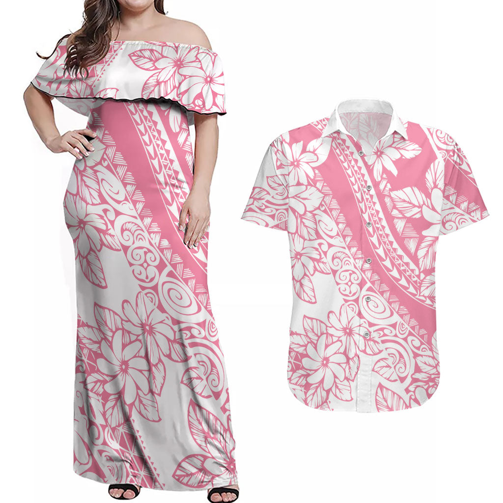 Polynesian Tiare Flower Pink Pastel Vibes Couples Matching Off Shoulder Maxi Dress and Hawaiian Shirt