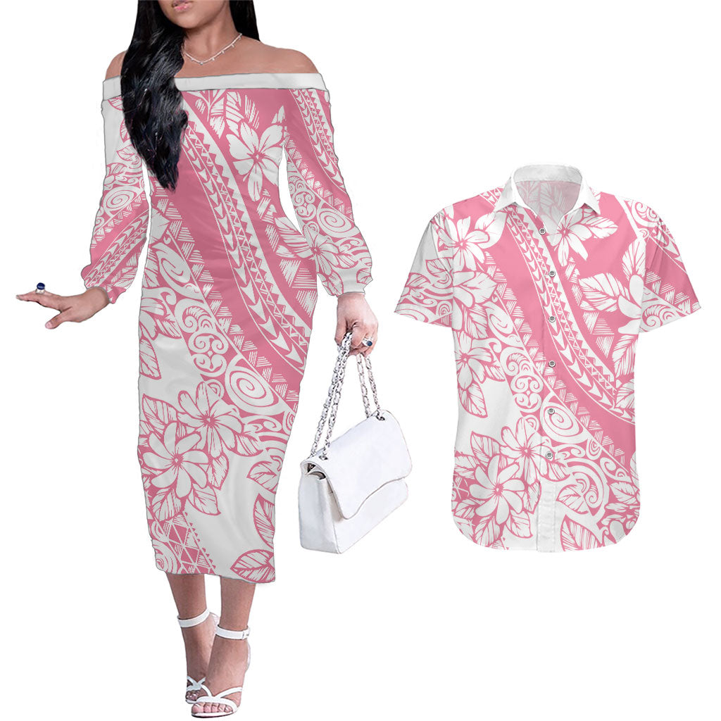 Polynesian Tiare Flower Pink Pastel Vibes Couples Matching Off The Shoulder Long Sleeve Dress and Hawaiian Shirt