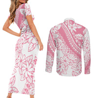 Polynesian Tiare Flower Pink Pastel Vibes Couples Matching Short Sleeve Bodycon Dress and Long Sleeve Button Shirt