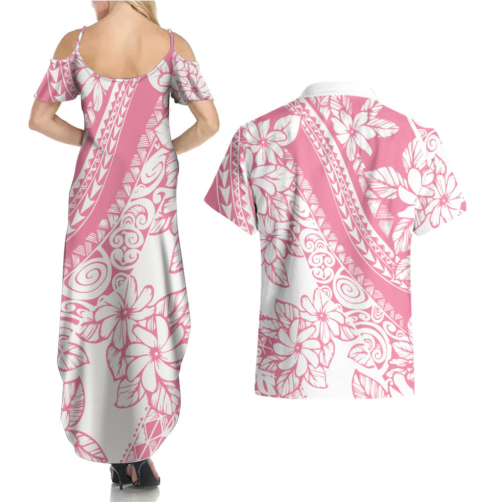Polynesian Tiare Flower Pink Pastel Vibes Couples Matching Summer Maxi Dress and Hawaiian Shirt