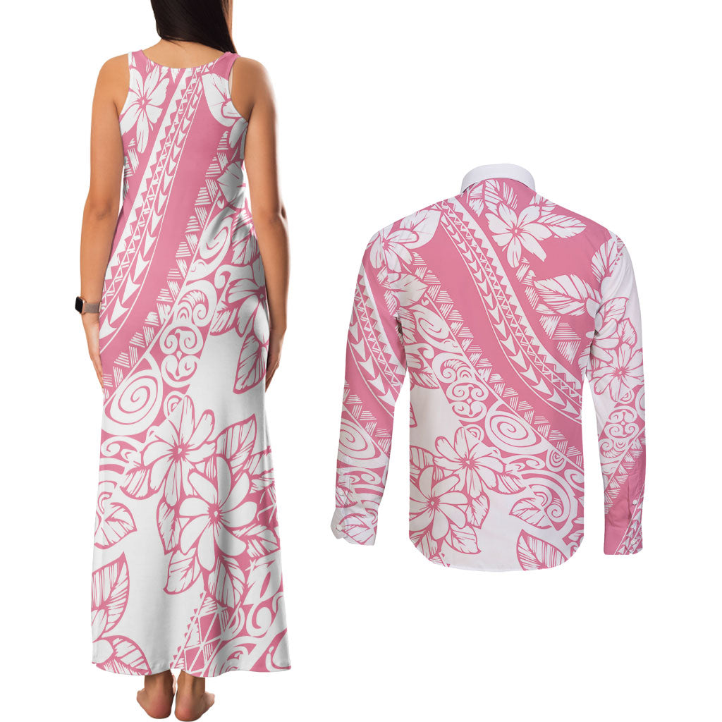 Polynesian Tiare Flower Pink Pastel Vibes Couples Matching Tank Maxi Dress and Long Sleeve Button Shirt