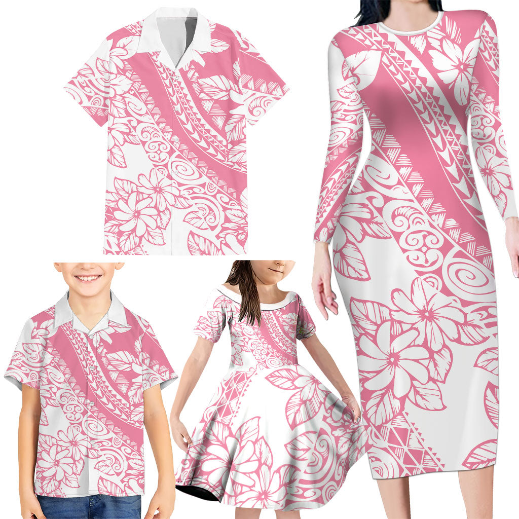 Polynesian Tiare Flower Pink Pastel Vibes Family Matching Long Sleeve Bodycon Dress and Hawaiian Shirt