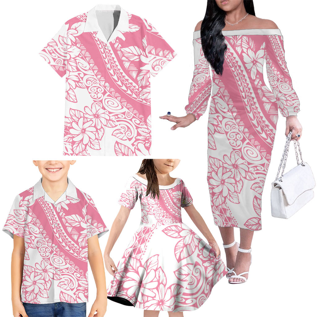 Polynesian Tiare Flower Pink Pastel Vibes Family Matching Off The Shoulder Long Sleeve Dress and Hawaiian Shirt LT14 - Polynesian Pride