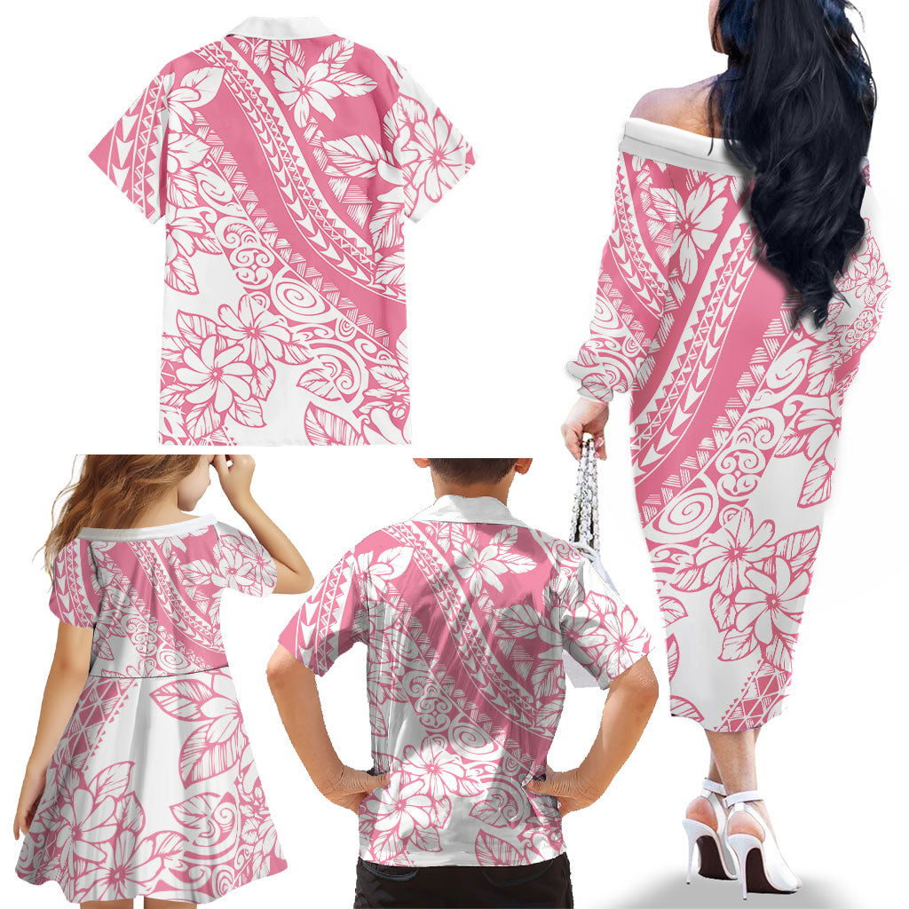 Polynesian Tiare Flower Pink Pastel Vibes Family Matching Off The Shoulder Long Sleeve Dress and Hawaiian Shirt LT14 - Polynesian Pride