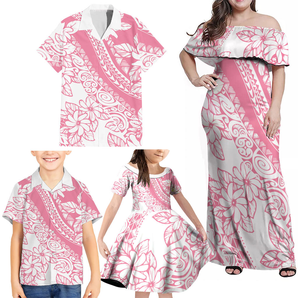 Polynesian Tiare Flower Pink Pastel Vibes Family Matching Off Shoulder Maxi Dress and Hawaiian Shirt