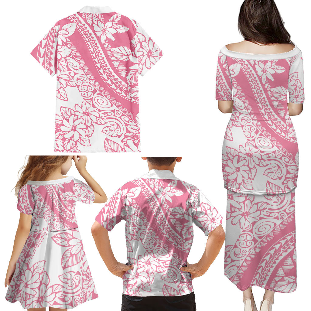 Polynesian Tiare Flower Pink Pastel Vibes Family Matching Puletasi and Hawaiian Shirt