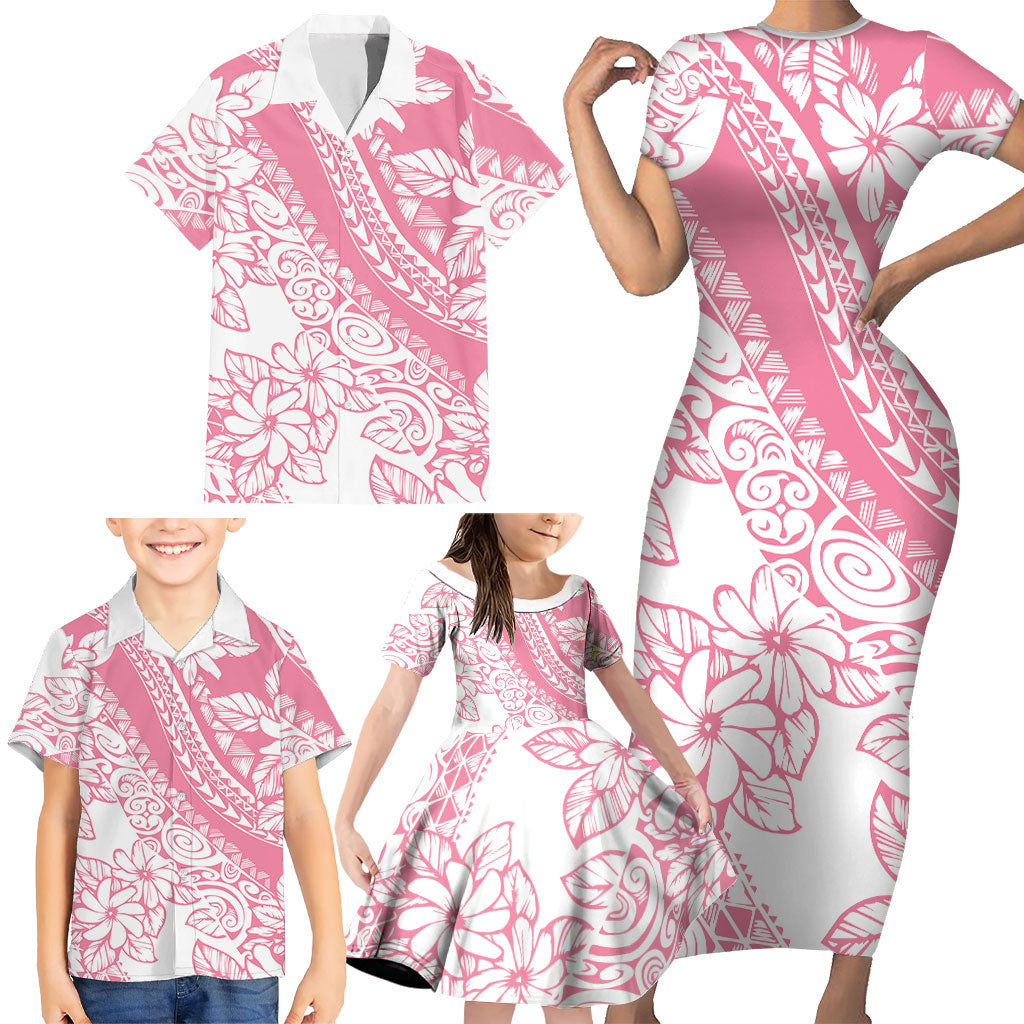 Polynesian Tiare Flower Pink Pastel Vibes Family Matching Short Sleeve Bodycon Dress and Hawaiian Shirt LT14 - Polynesian Pride
