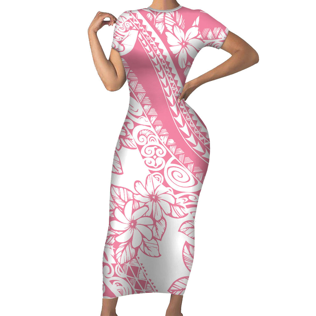 Polynesian Tiare Flower Pink Pastel Vibes Family Matching Short Sleeve Bodycon Dress and Hawaiian Shirt LT14 Mom's Dress Pink - Polynesian Pride