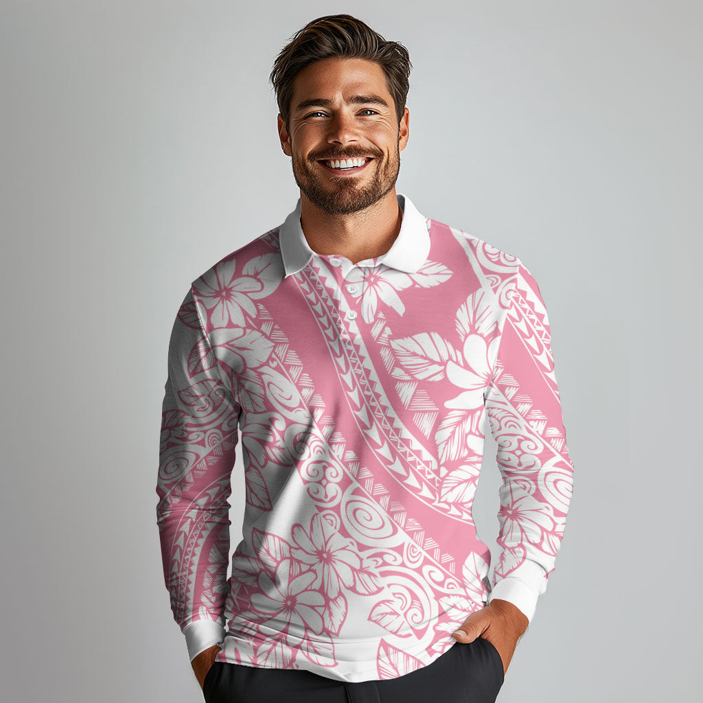 Polynesian Tiare Flower Pink Pastel Vibes Long Sleeve Polo Shirt