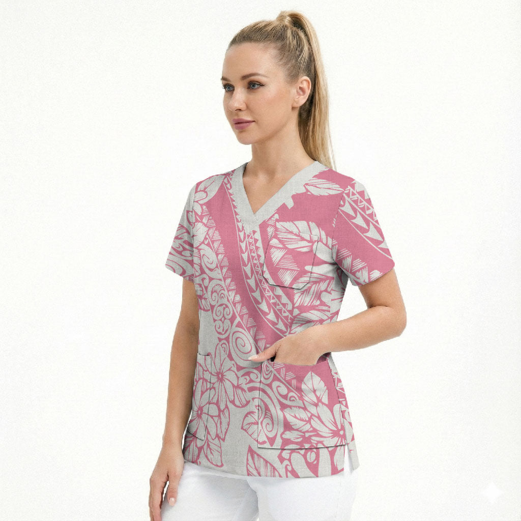 Polynesian Tiare Flower Pink Pastel Vibes Scrub Top
