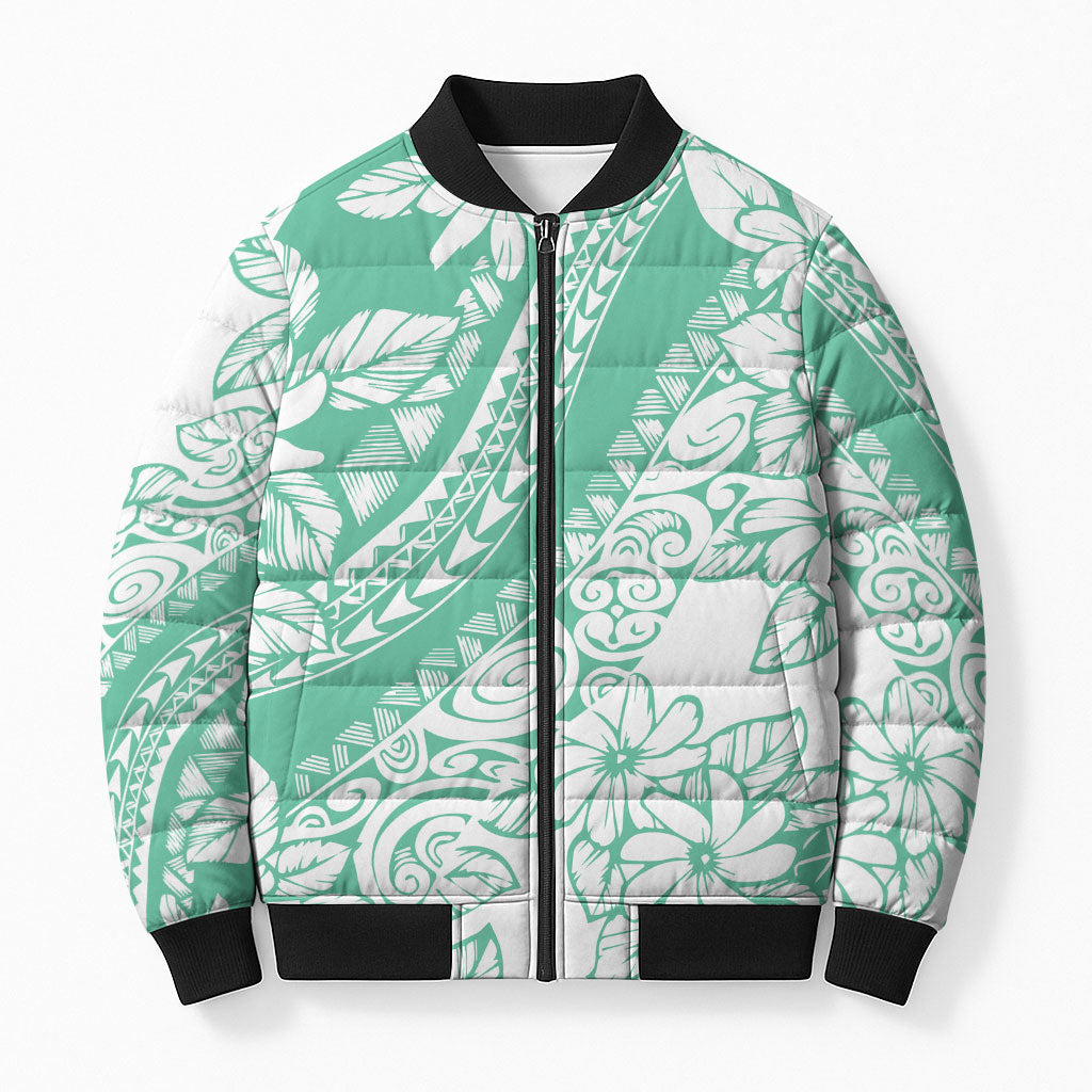 Polynesian Tiare Flower Cyan Pastel Vibes Bomber Puffer Jacket