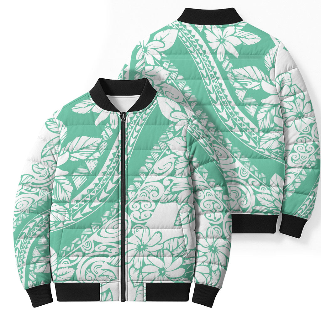 Polynesian Tiare Flower Cyan Pastel Vibes Bomber Puffer Jacket