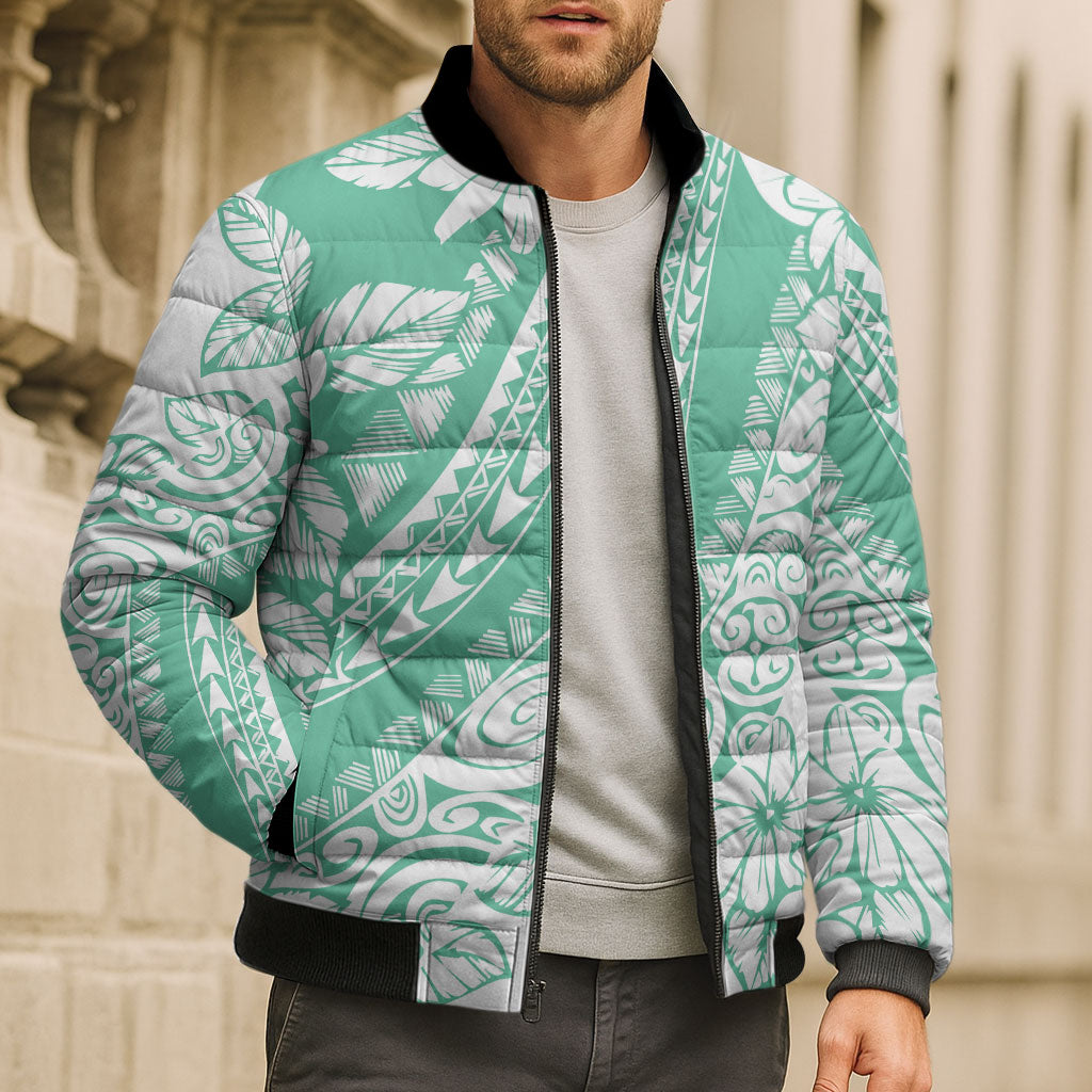 Polynesian Tiare Flower Cyan Pastel Vibes Bomber Puffer Jacket