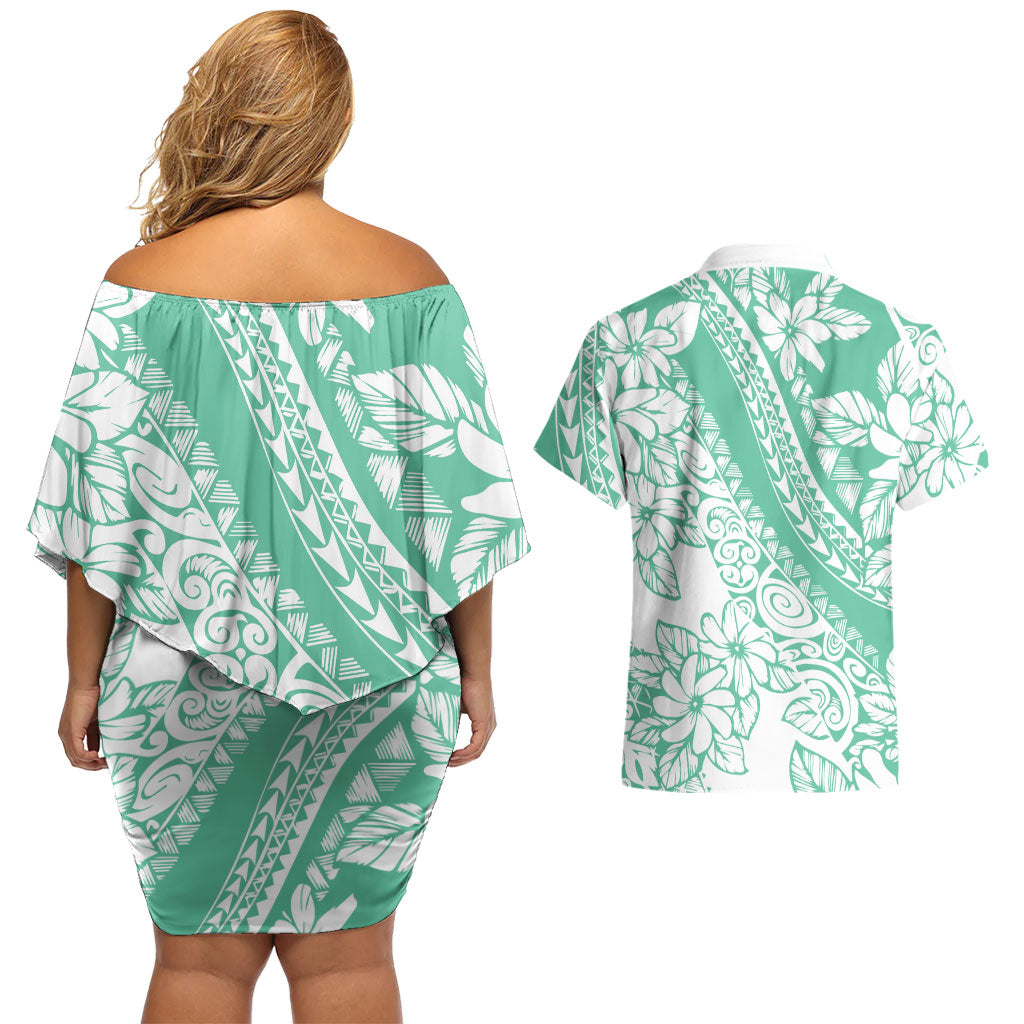 Polynesian Tiare Flower Cyan Pastel Vibes Couples Matching Off Shoulder Short Dress and Hawaiian Shirt