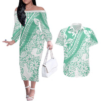 Polynesian Tiare Flower Cyan Pastel Vibes Couples Matching Off The Shoulder Long Sleeve Dress and Hawaiian Shirt