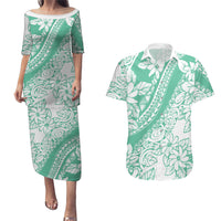 Polynesian Tiare Flower Cyan Pastel Vibes Couples Matching Puletasi and Hawaiian Shirt