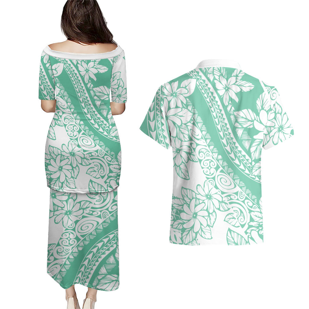 Polynesian Tiare Flower Cyan Pastel Vibes Couples Matching Puletasi and Hawaiian Shirt